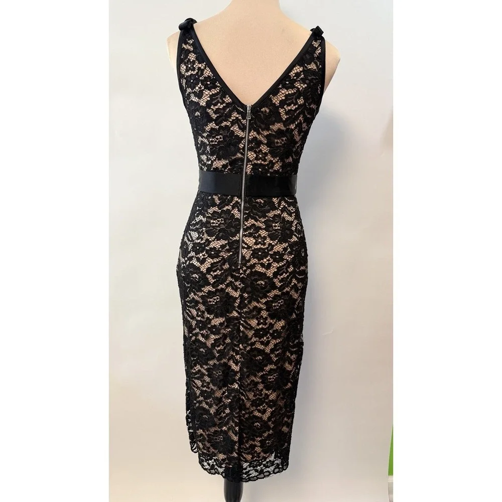 ABS by Allen Schwartz Black Lace Overlay Dress Sz 4 Midi Bodycon Cocktail Gothic